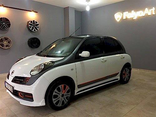 nissan micra araç kaplama cam filmi şerit kaplama turuncu gri siyah (3)