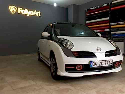 nissan micra araç kaplama cam filmi şerit kaplama turuncu gri siyah (14)